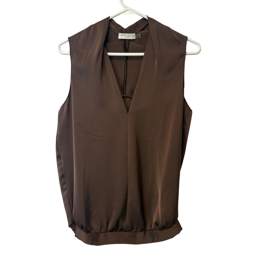 Ramy Brook Brown Sleeveless V-Neck Blouse Smocked Hem Satin Top Small